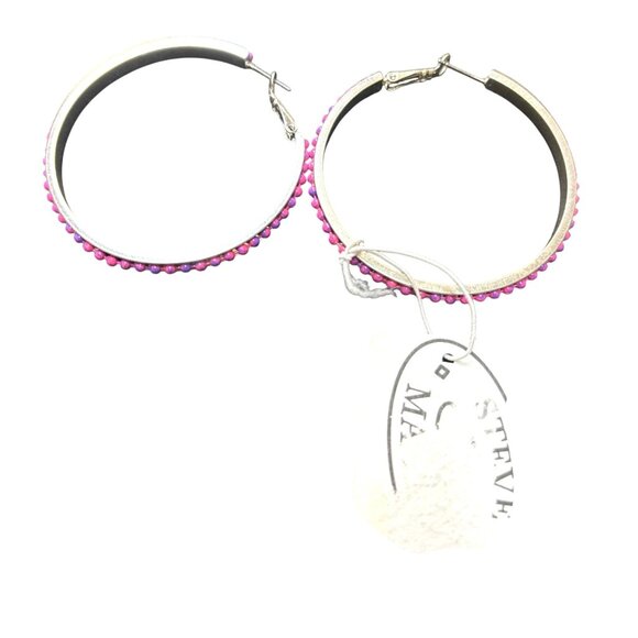 Steve Madden Silver-tone  Hoop Earrings With Pink Beaded Detailing - Picture 2 of 9